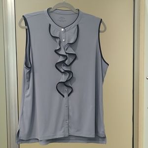 Grey Carmen blouse with black piping and ruffle